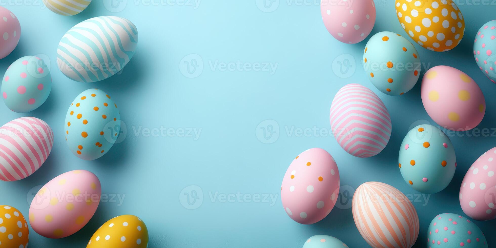 Colorful Easter eggs arranged on a blue background celebrating spring festivities in a creative decoration display photo