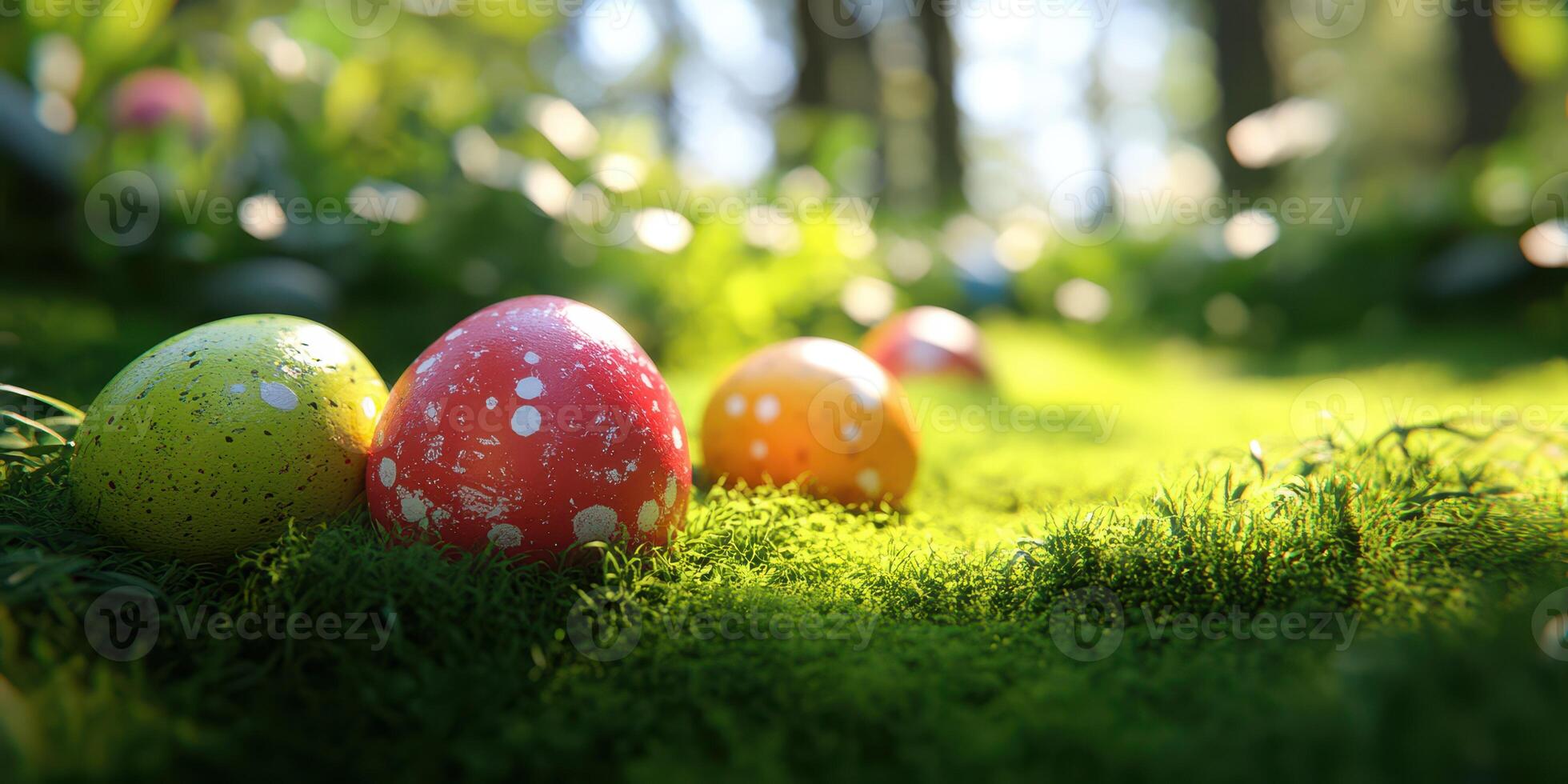 Colorful Easter eggs hidden in a lush green forest during springtime celebration photo