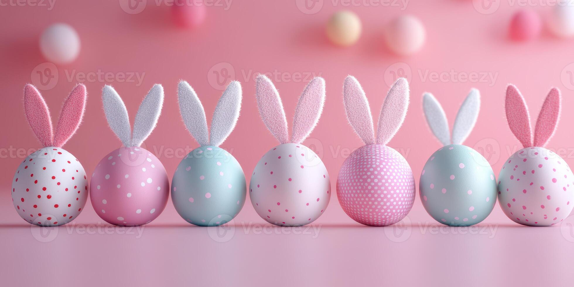 Colorful decorative eggs designed like bunnies arranged in a row on a pink background for Easter celebration photo