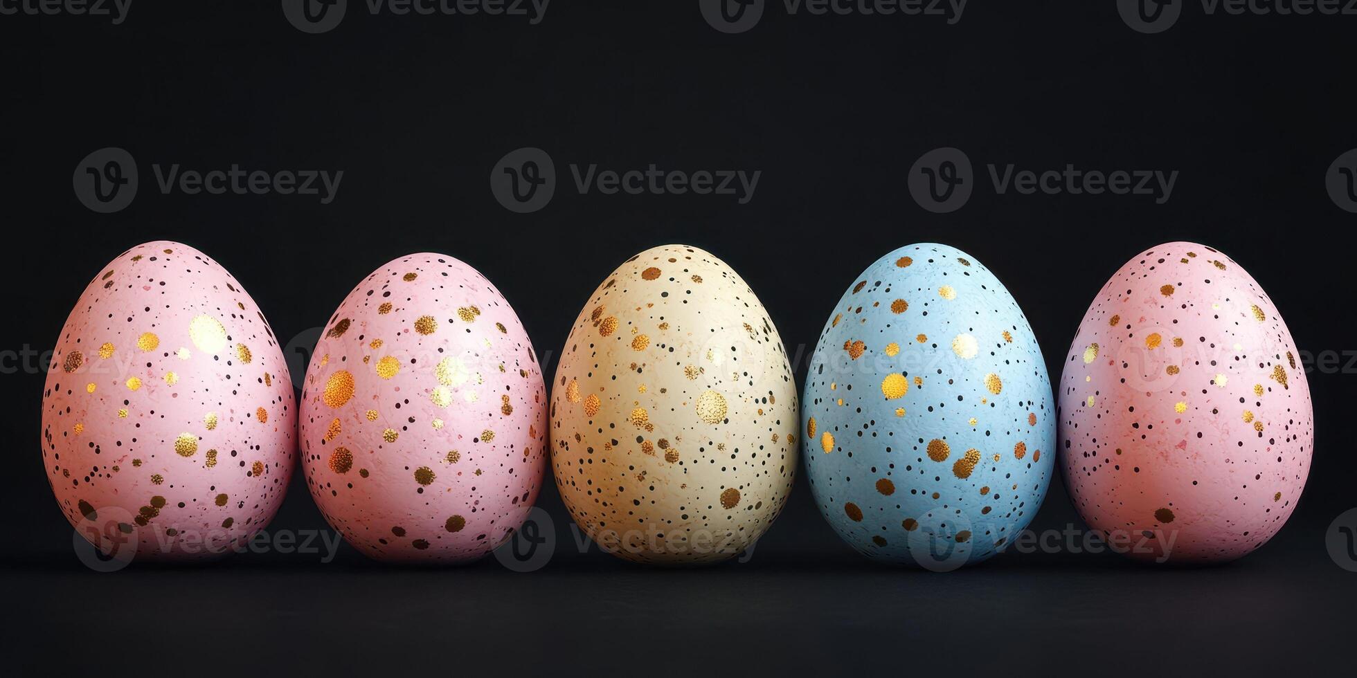 Colorful speckled eggs arranged in a line against a dark background for a festive celebration photo