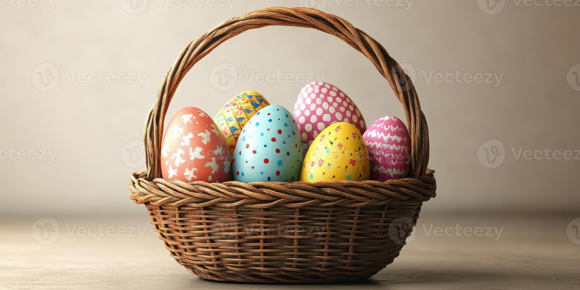Decorative Easter egg basket filled with colorful eggs in various patterns, perfect for festive celebrations photo