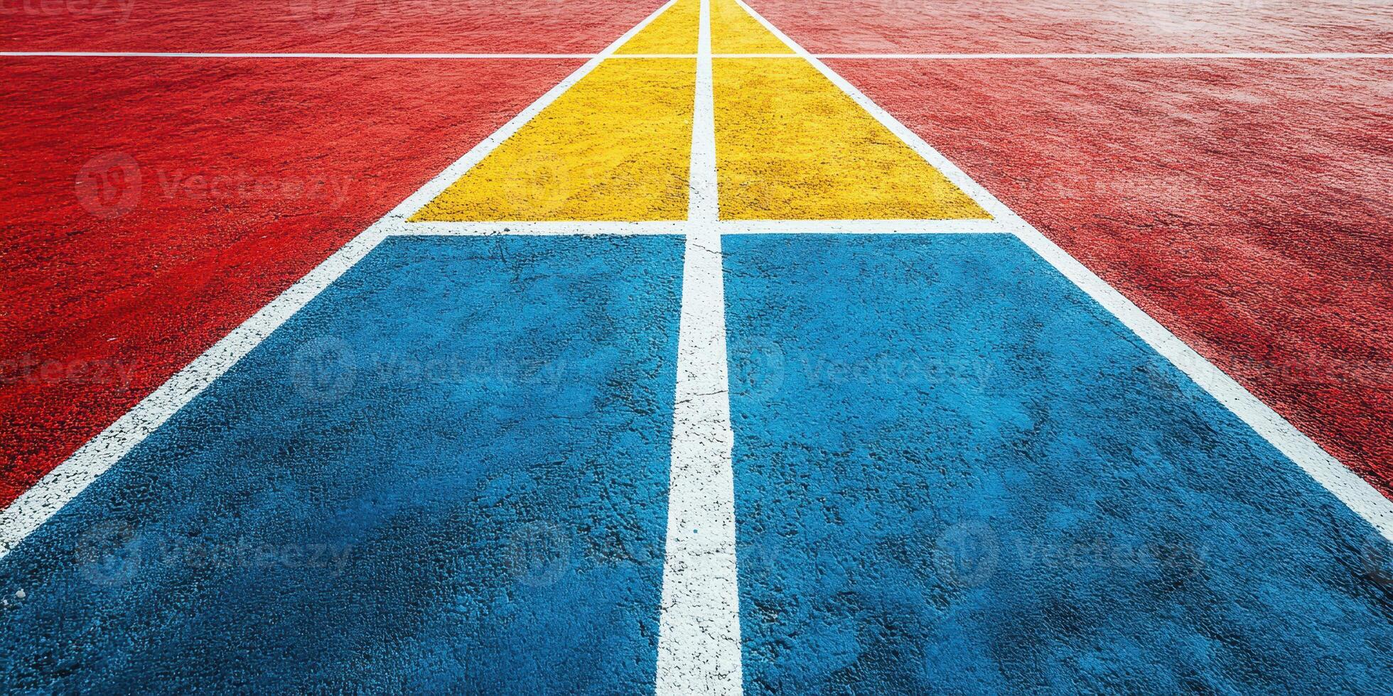 Colorful geometric patterns on a sports court create a vibrant outdoor activity space in bright daylight photo
