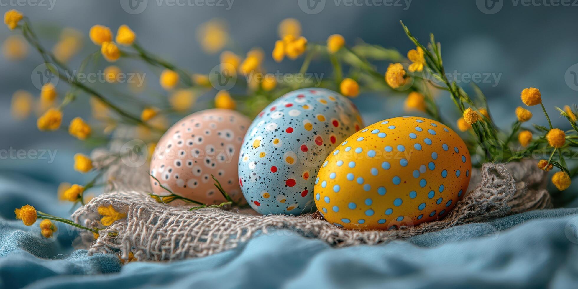 Vibrant Easter eggs adorned with colorful patterns nestled among flowers on a soft blue textile background photo