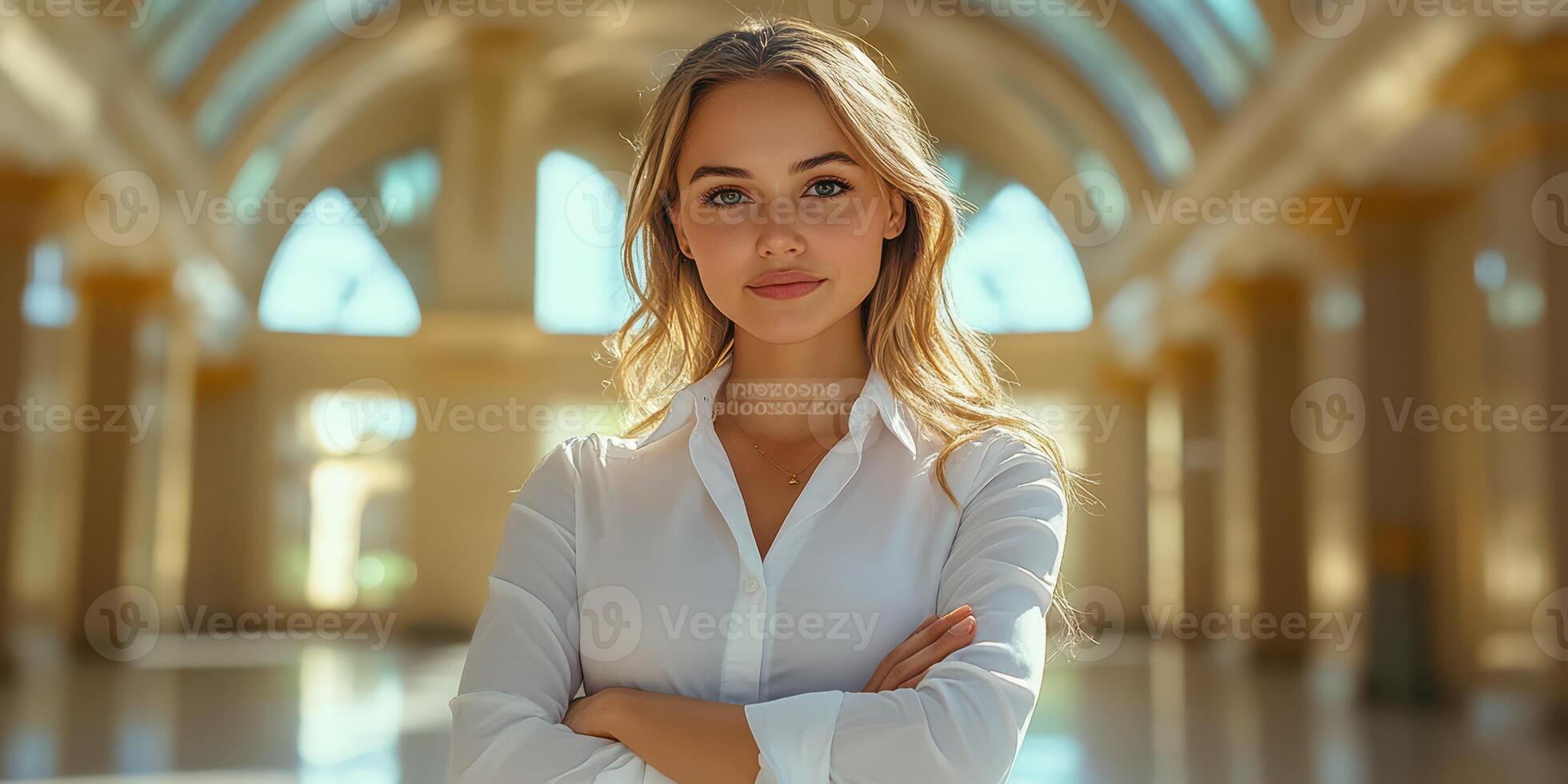 Young woman with long hair poses confidently inside a grand, well-lit architectural space with arched windows and elegant columns photo