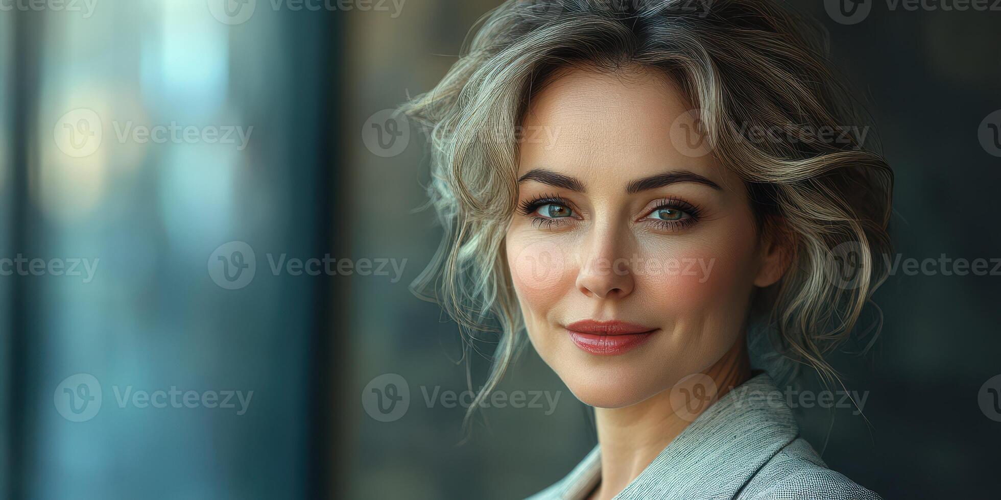 Woman with curly hair smiling softly in a modern indoor setting during daytime light photo