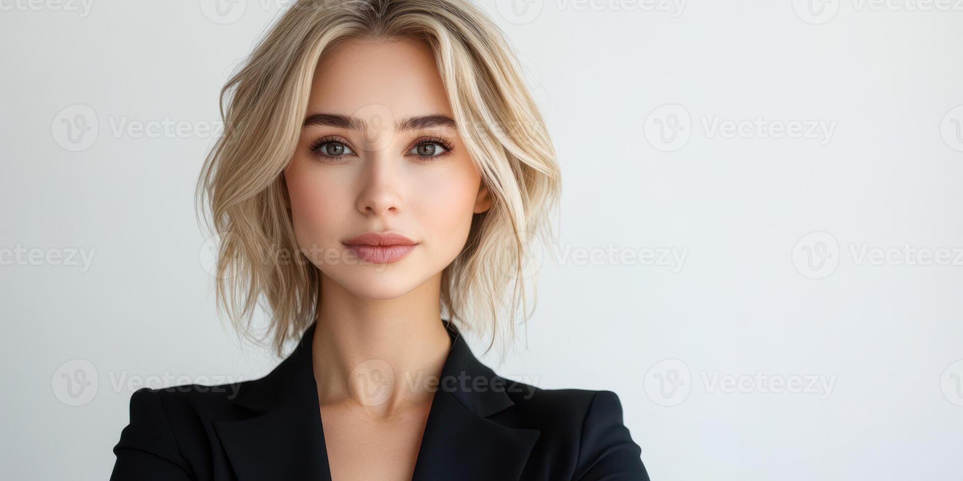 Confident woman with light blonde hair poses against a neutral background in a professional outfit during daylight hours photo
