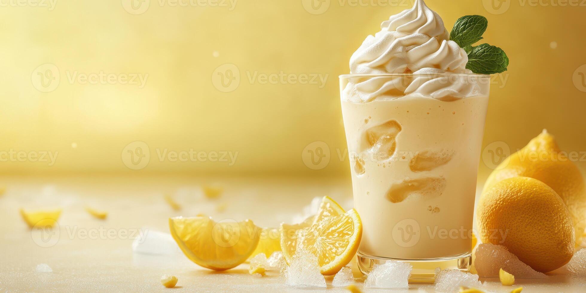 Delicious lemon cream dessert presented in a tall glass with whipped topping and fresh lemons on a light background photo
