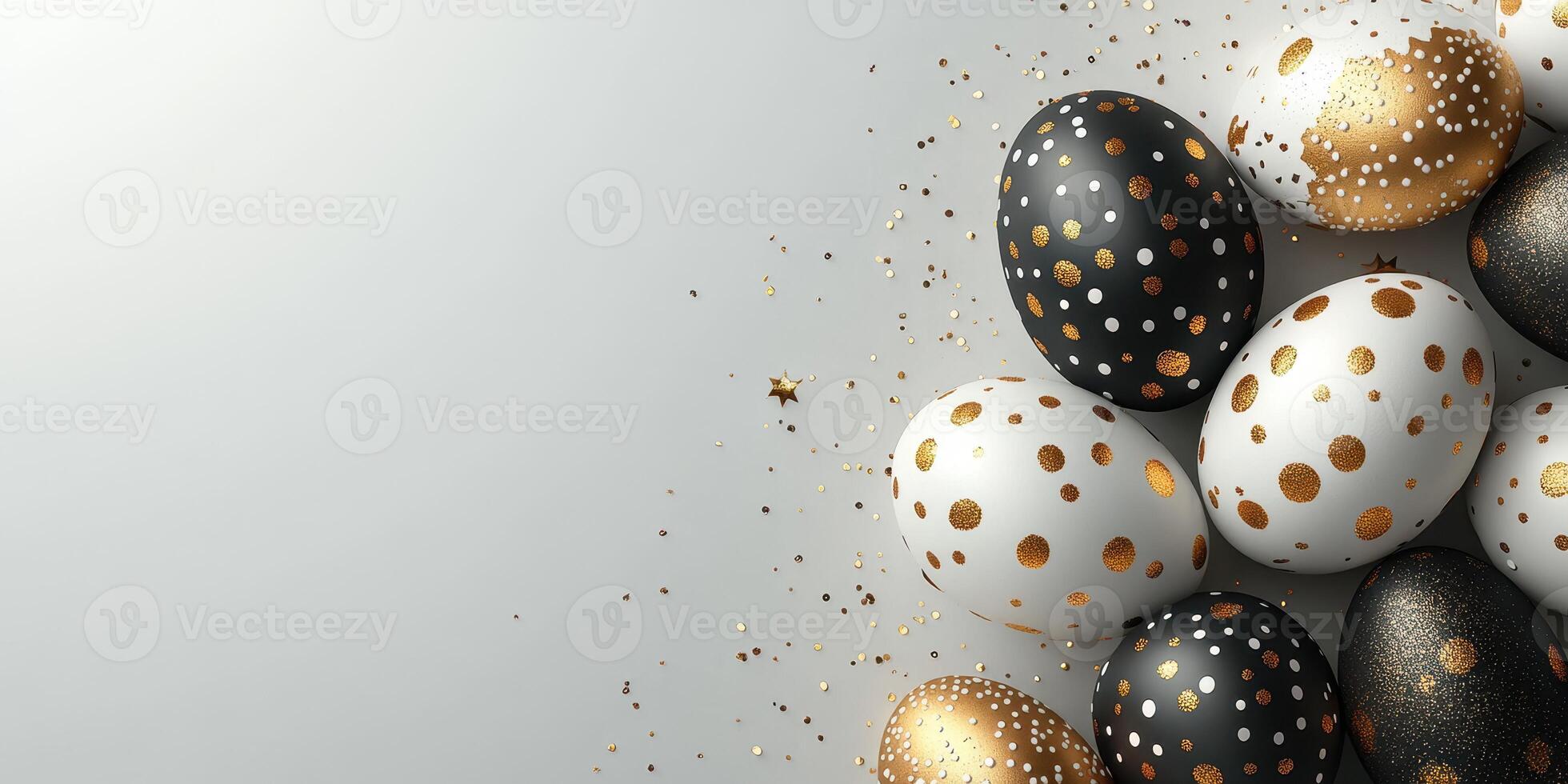 Elegant decorative Easter eggs arranged artistically on a neutral background with sparkling confetti scattered around photo