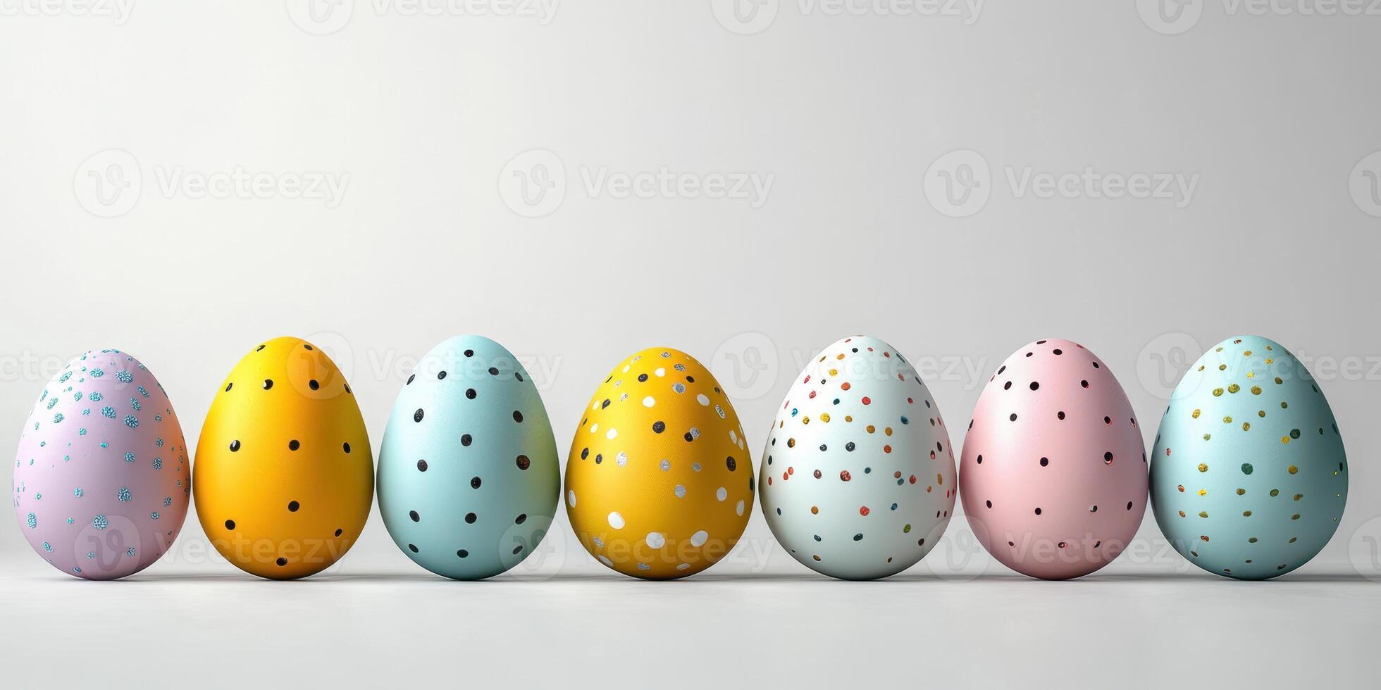 Colorful decorated eggs arranged in a row for spring celebration or Easter festival photo