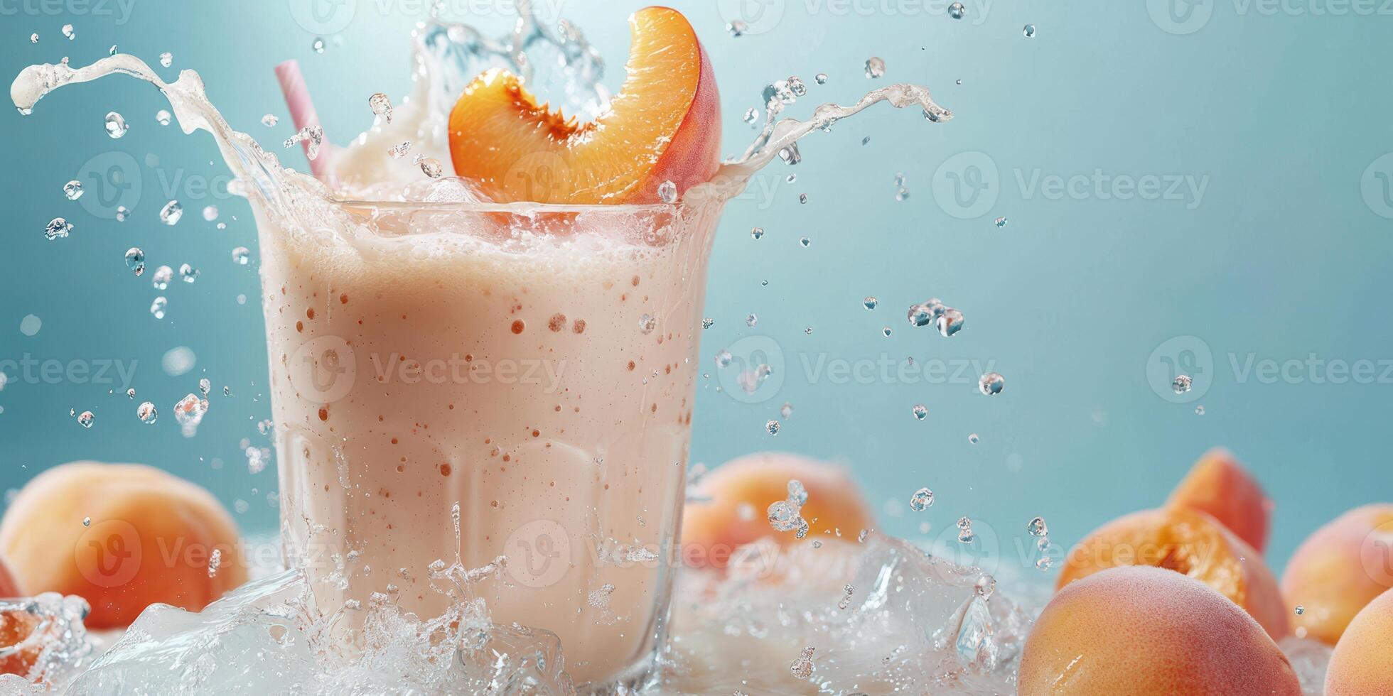 Refreshing peach smoothie with splashes and fresh fruit on display during a sunny afternoon photo