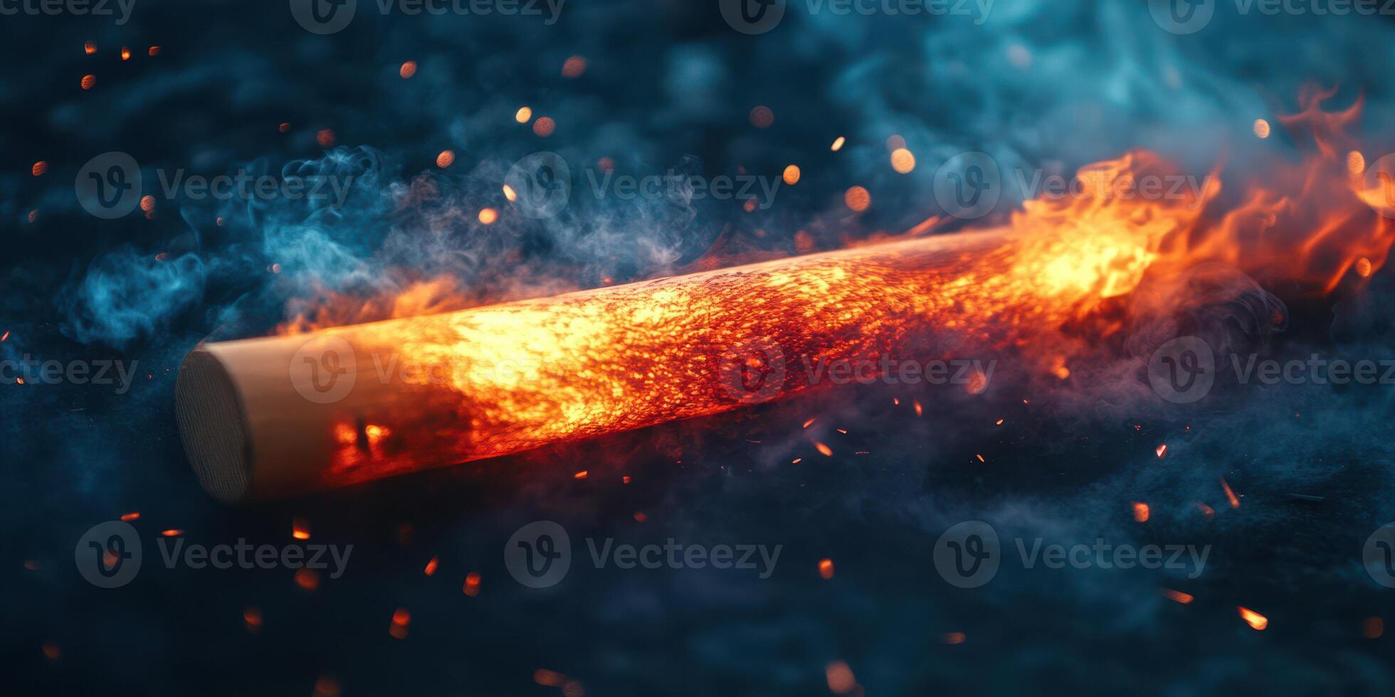 Burning log emits vibrant flames and sparks at night, creating an enchanting atmosphere with swirling smoke photo