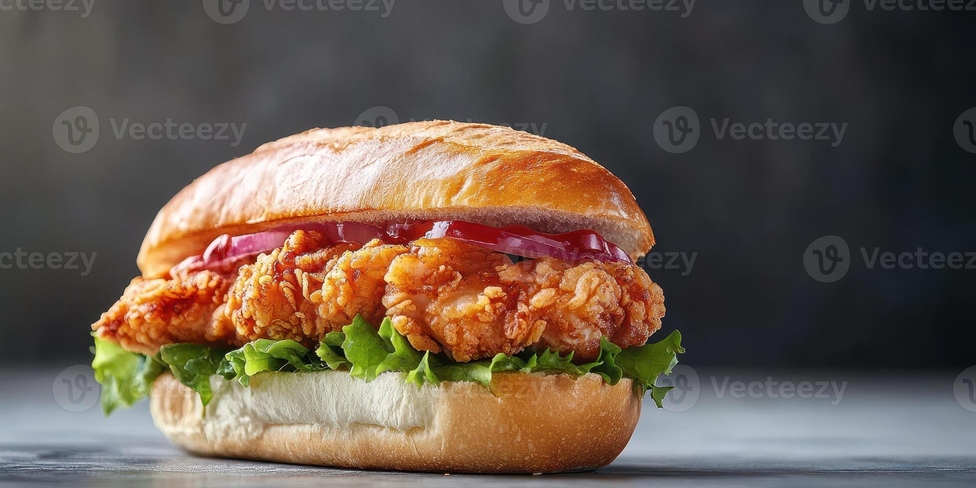 Crispy chicken sandwich with fresh lettuce and ketchup on a toasted bun served on a dark background photo