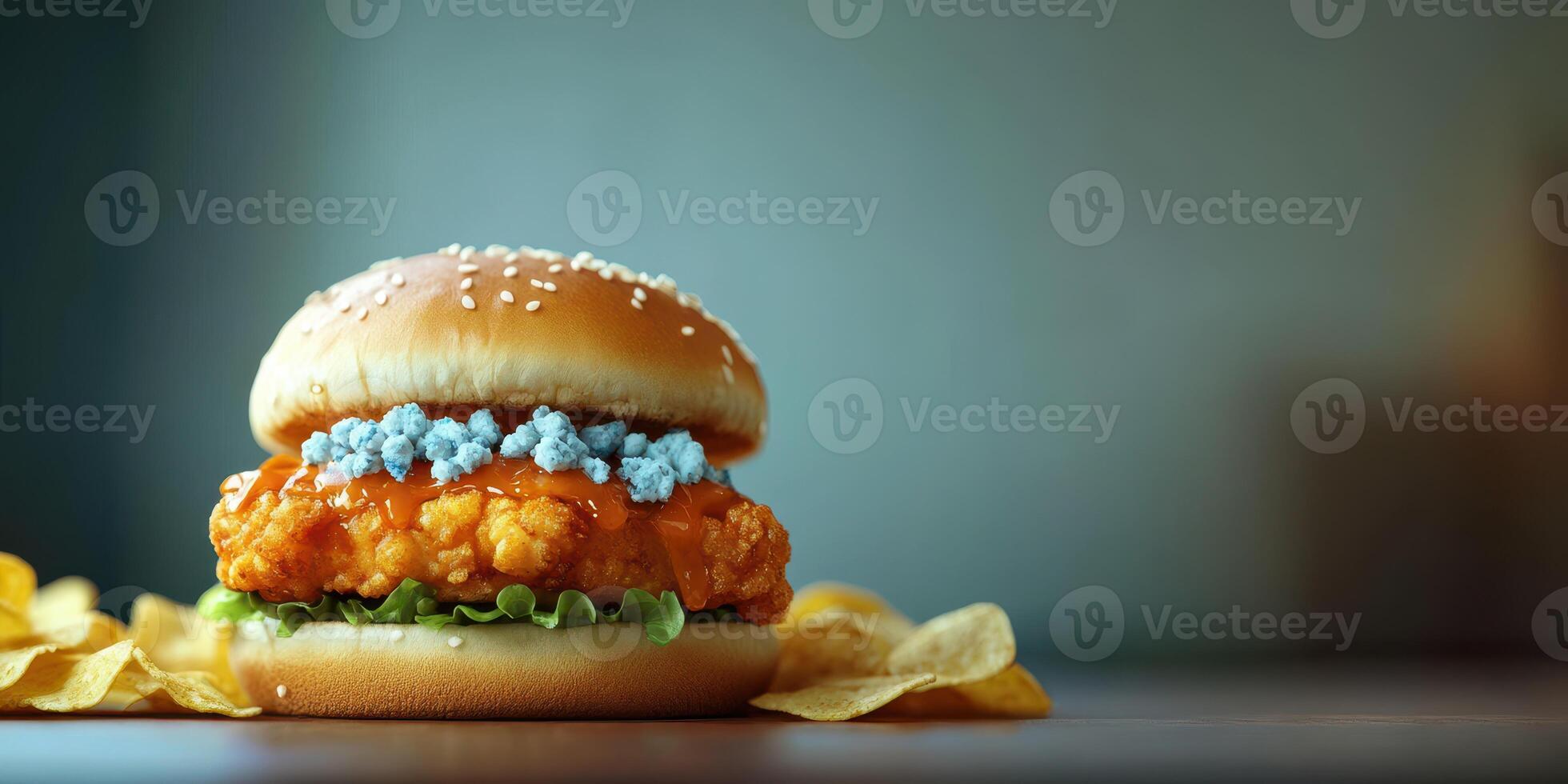 Crispy chicken sandwich with colorful toppings served on a wooden table photo