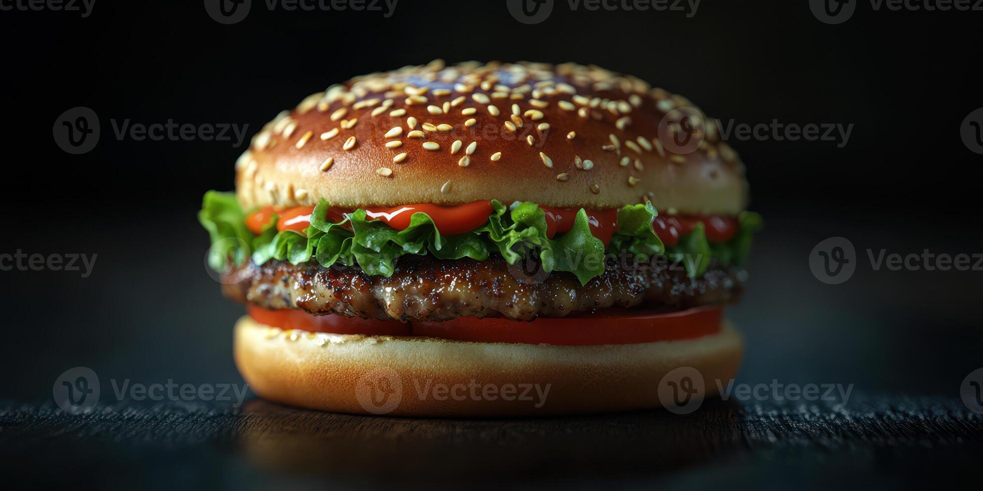 Juicy hamburger with fresh vegetables and sauce served on a sesame seed bun for a delicious meal photo