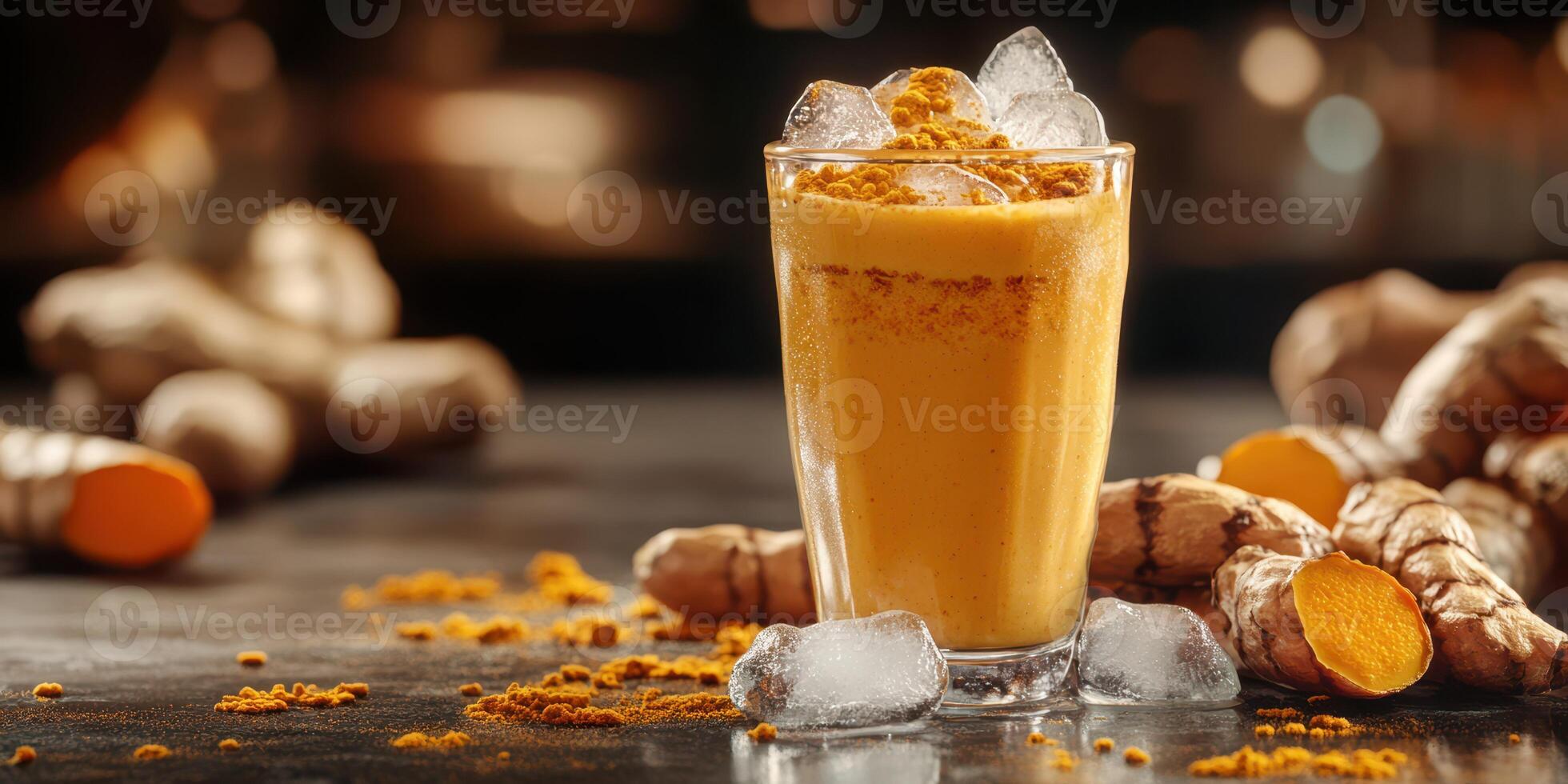 Refreshing turmeric drink with ice served in a clear glass alongside fresh turmeric roots in a cozy setting photo