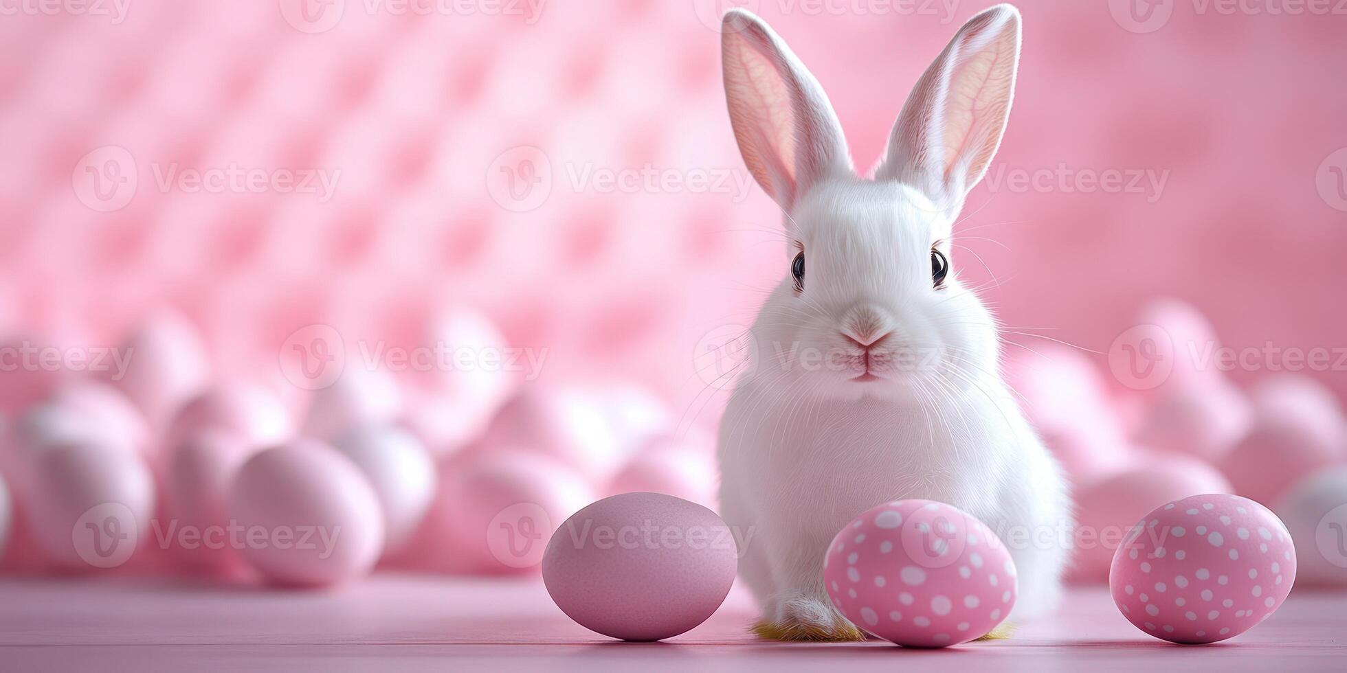 White rabbit surrounded by pastel eggs in a cheerful pink setting during a spring celebration photo