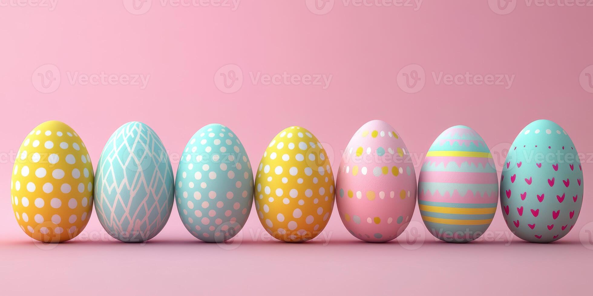 Colorful decorated eggs arranged on a pastel pink background for an Easter celebration in springtime photo