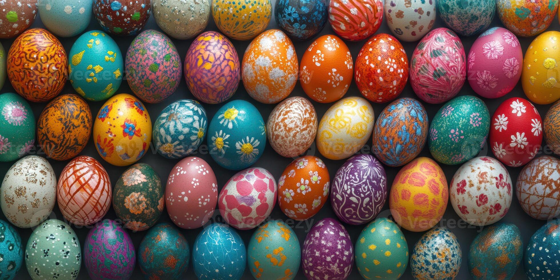 Vibrant collection of intricately decorated Easter eggs arranged in colorful patterns during spring celebration photo