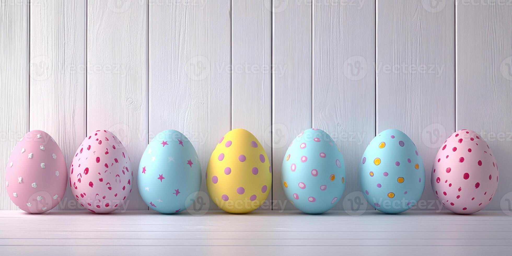 Colorful decorative eggs lined up against a white wooden background in a festive spring setting photo