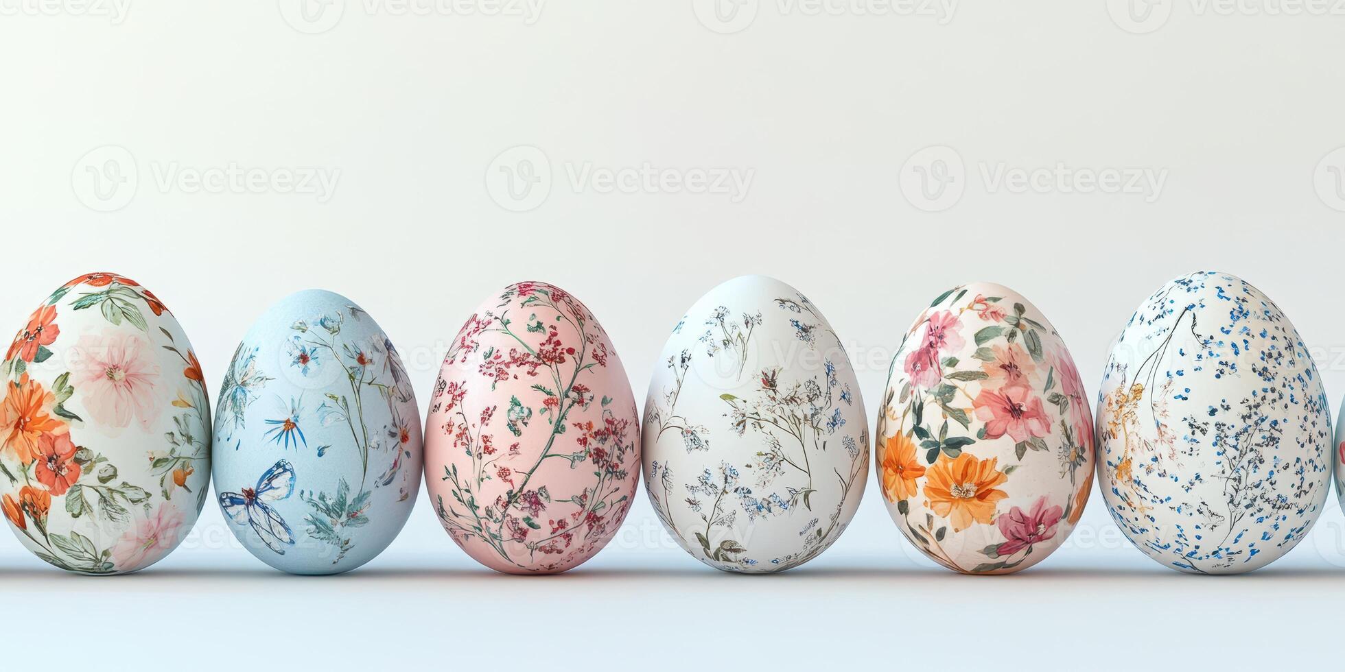 Decorative eggs with floral patterns arranged in a line on a simple background photo