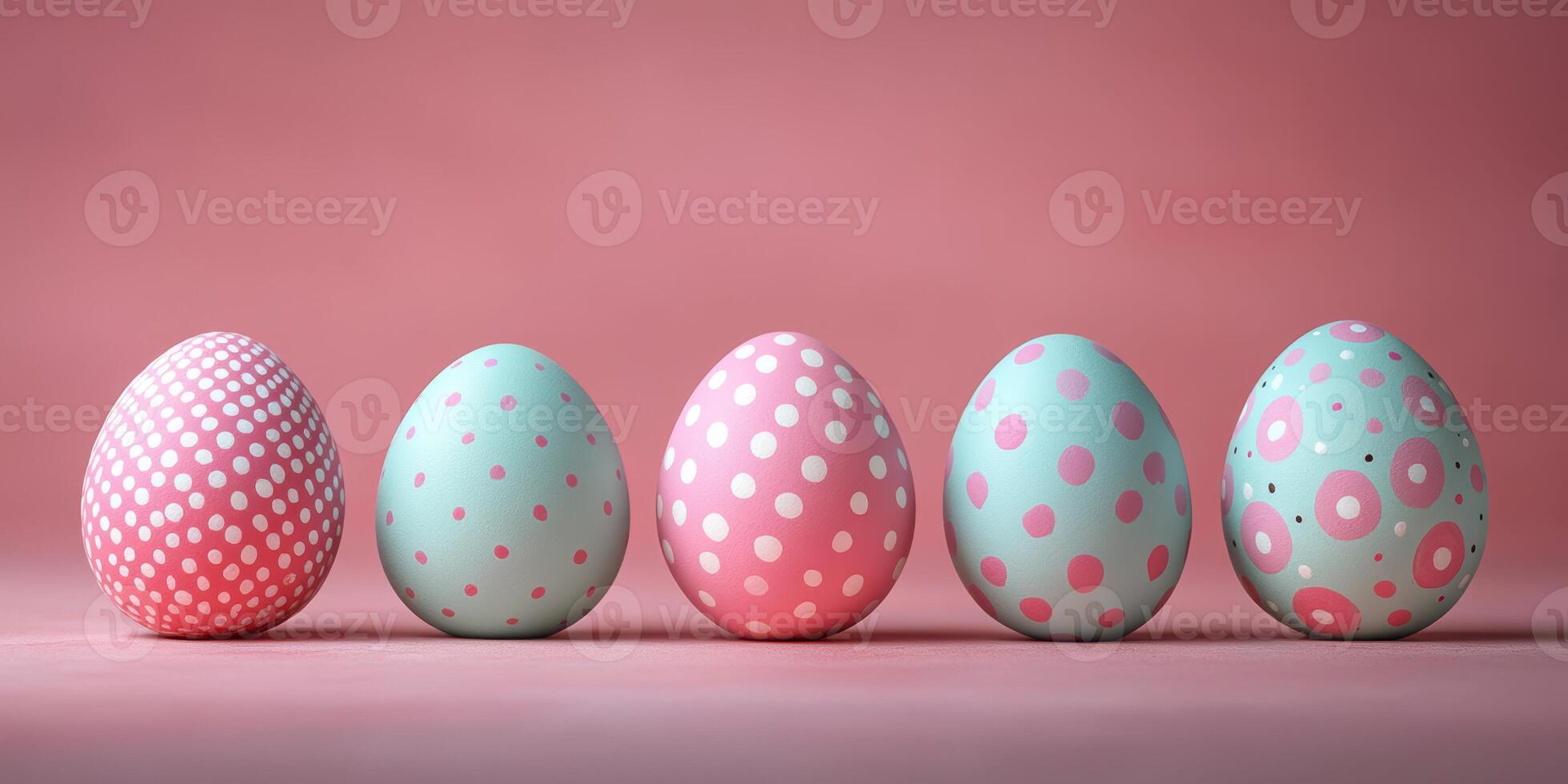 Beautifully decorated Easter eggs arranged in a row with colorful patterns against a soft pink background photo