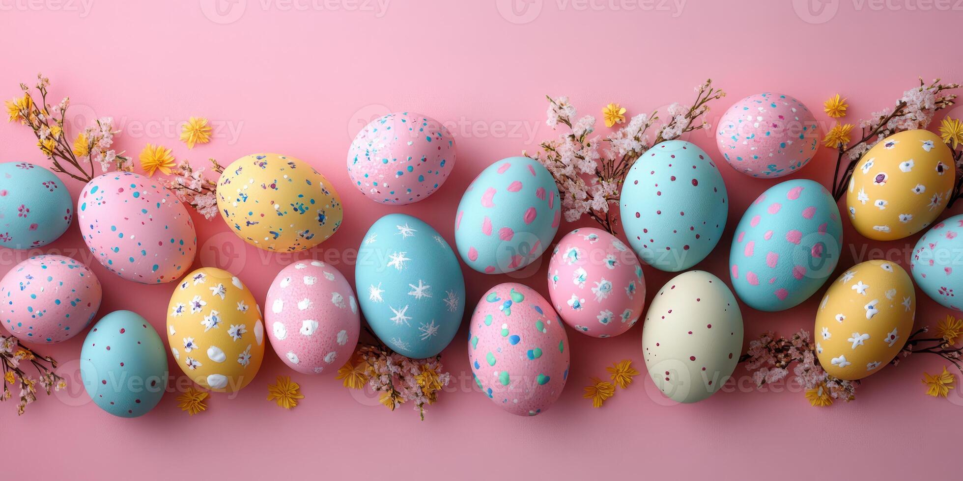 Colorful decorated eggs arranged with flowers on a pink background for a festive spring celebration photo