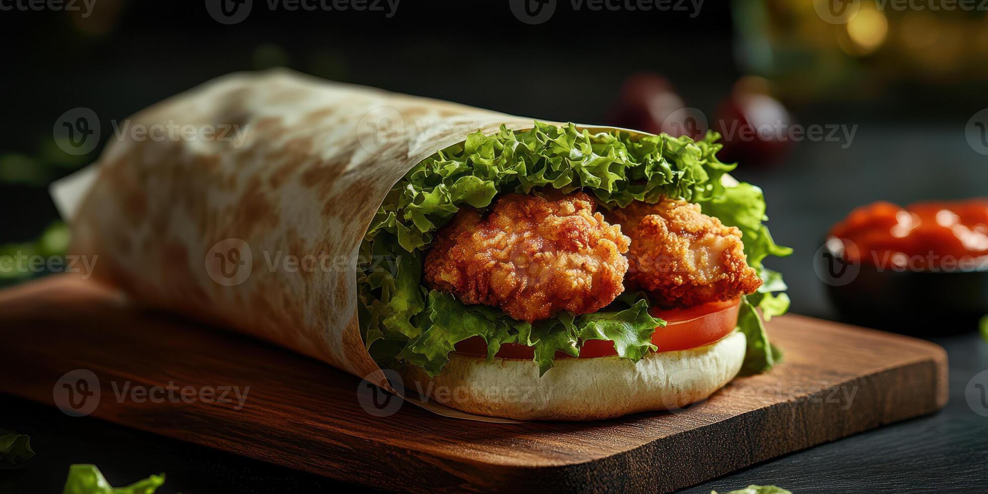 Crispy chicken wrap with fresh lettuce and tomato on a wooden board in a rustic setting photo