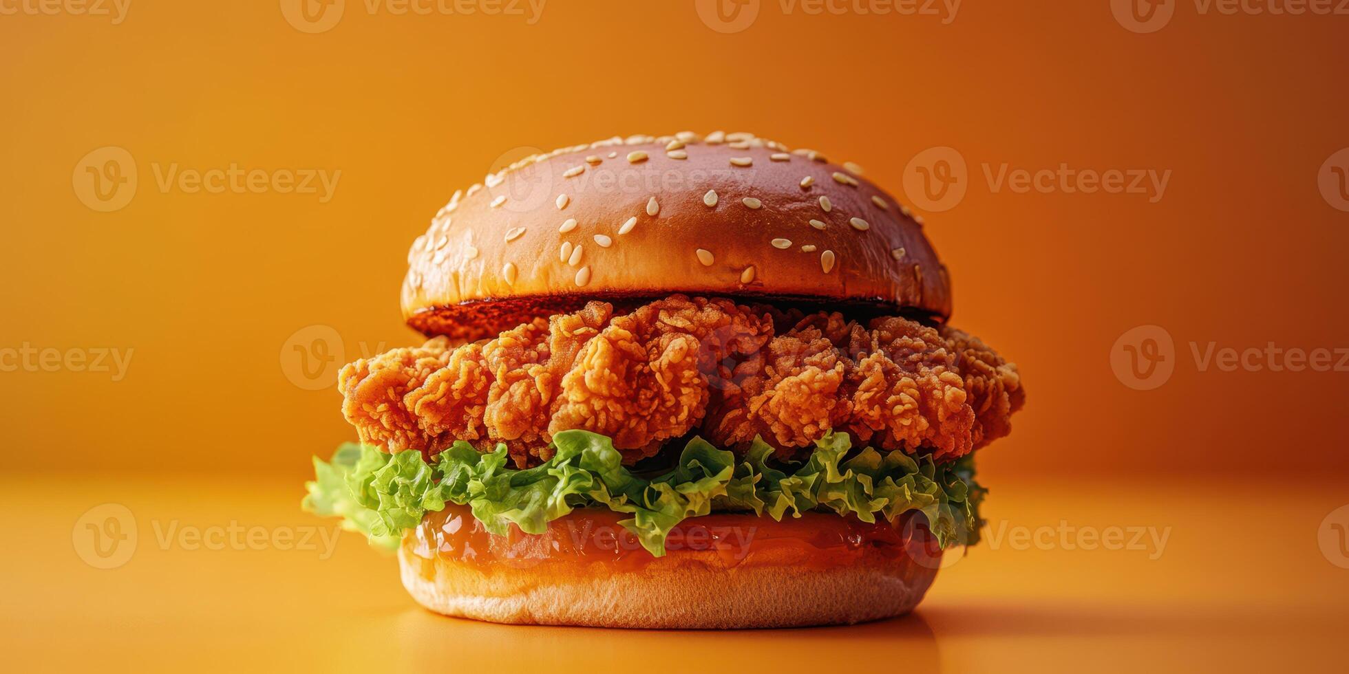 Crispy fried chicken burger with fresh lettuce and sesame seed bun on a vibrant orange background photo