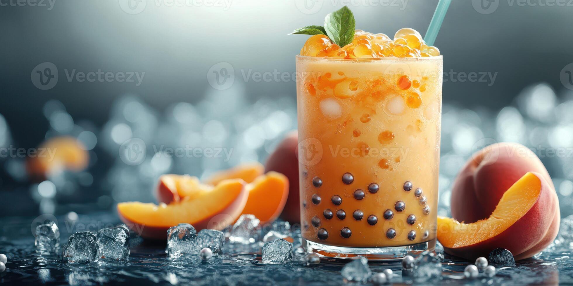 Refreshing fruit drink with tapioca pearls and peach slices on a cool surface with ice photo