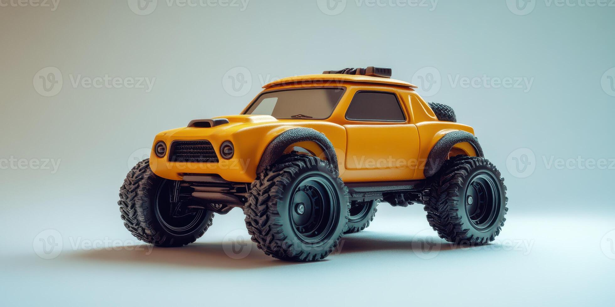 Bright orange remote-controlled car with oversized tires on a smooth surface during indoor playtime photo
