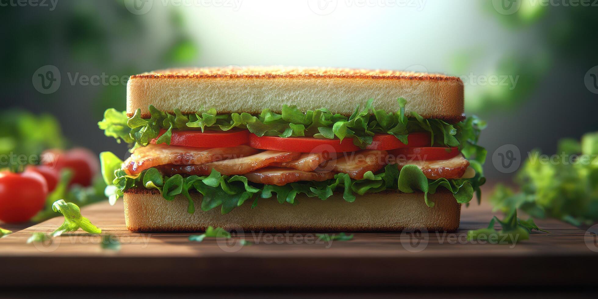 Freshly made chicken sandwich with lettuce and tomatoes on toasted bread in a bright setting photo