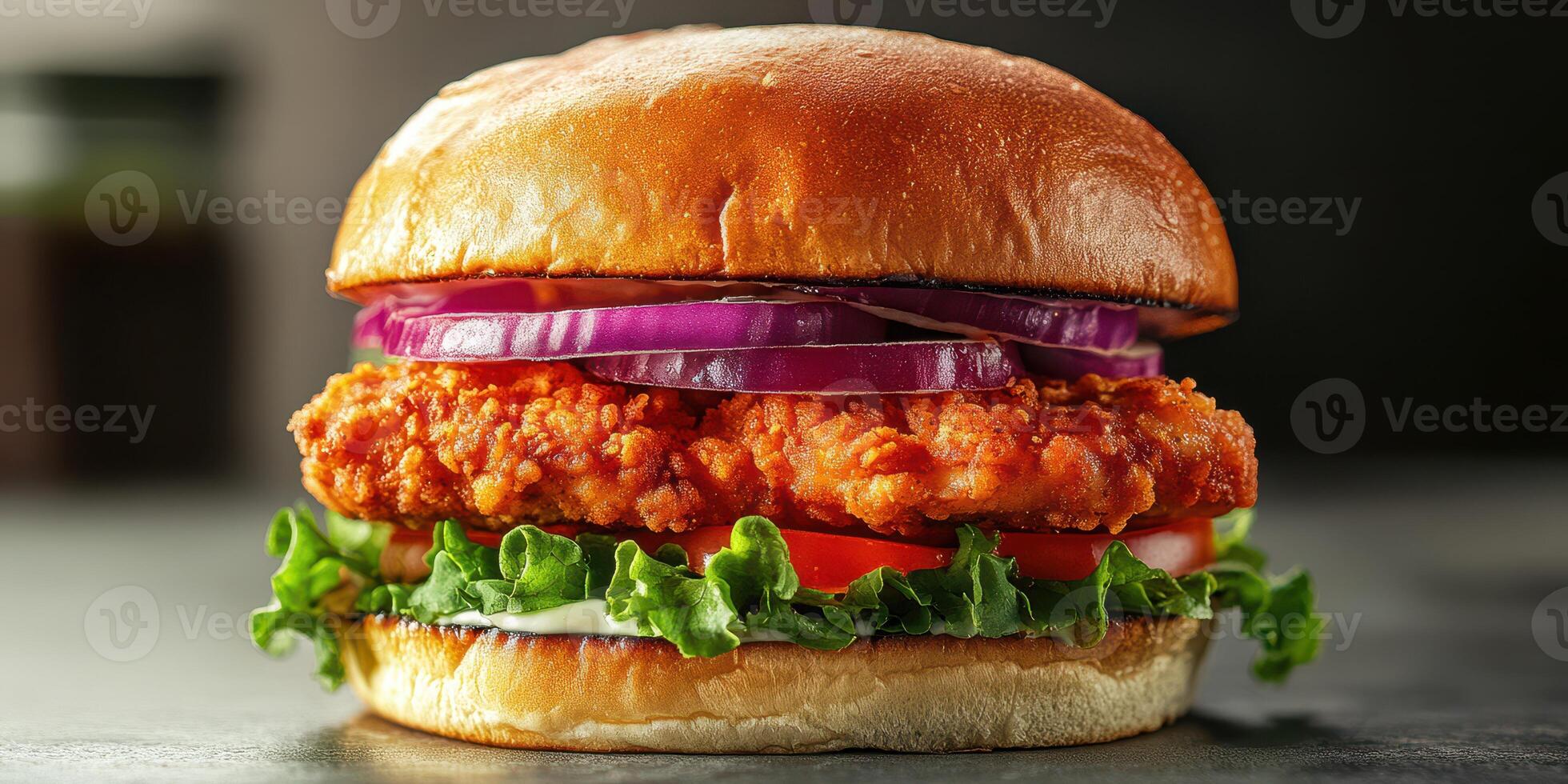 Crispy fried chicken sandwich layered with fresh vegetables on a toasted bun photo