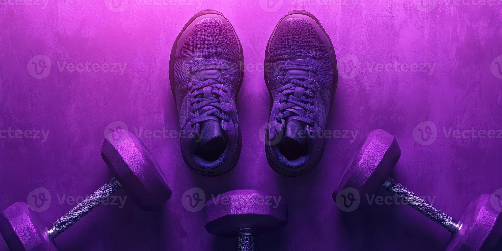 Fitness equipment arranged with sneakers on a purple background, emphasizing workout readiness and strength training photo