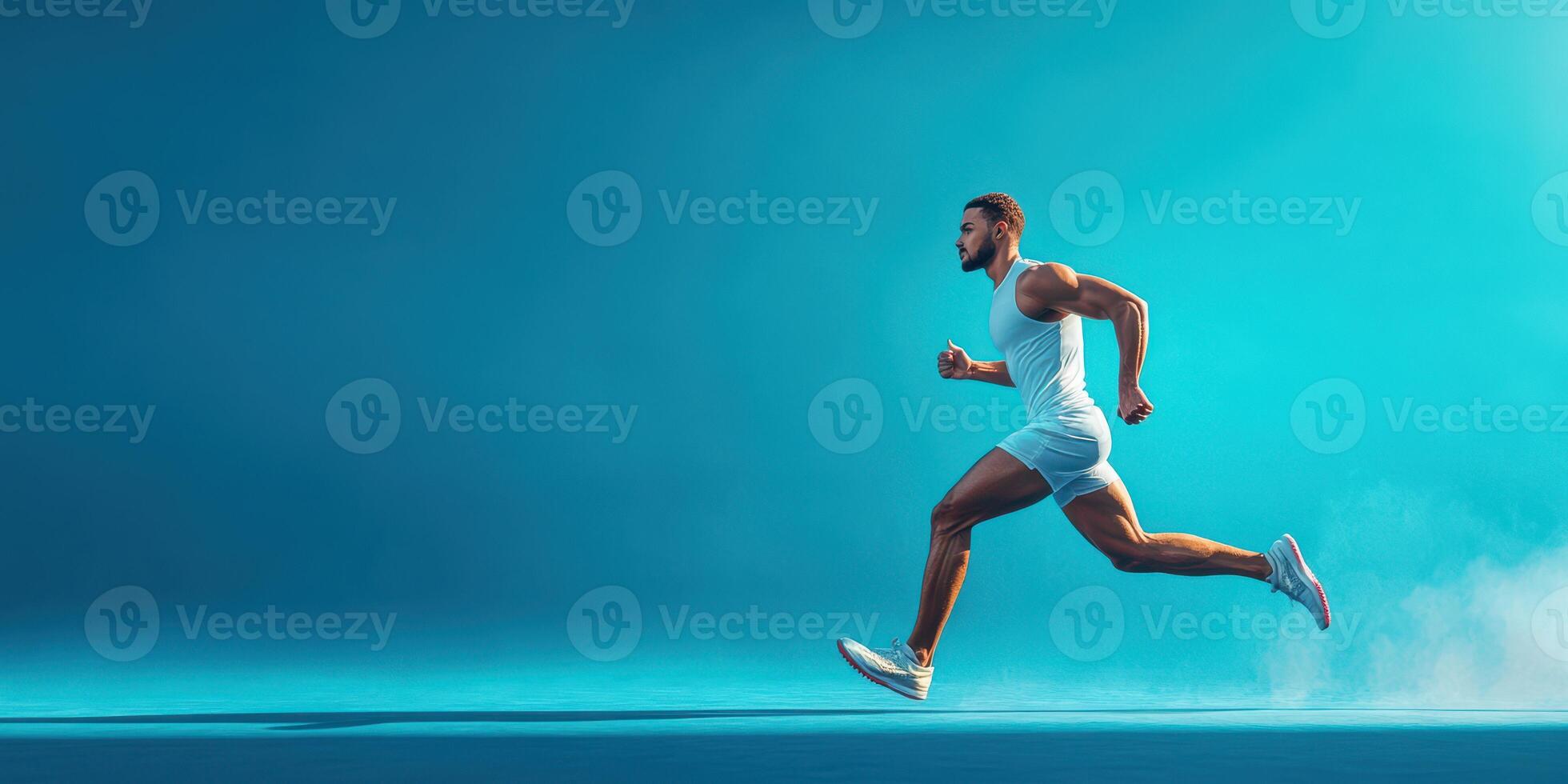 Dynamic athlete sprinting against a vibrant blue background showcasing strength and speed photo