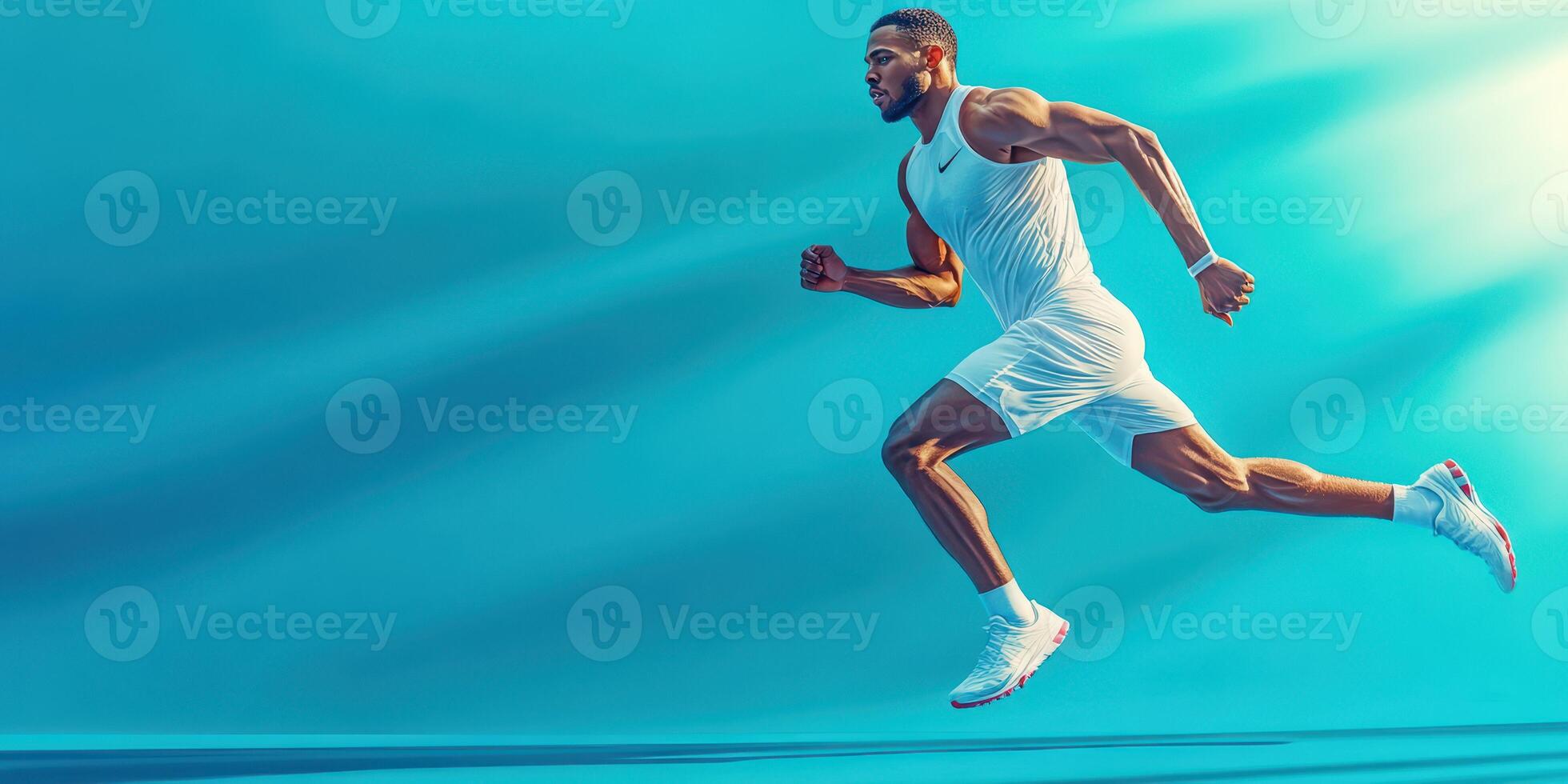 Dynamic male athlete sprinting on a vibrant blue background during a workout session in a gym setting photo