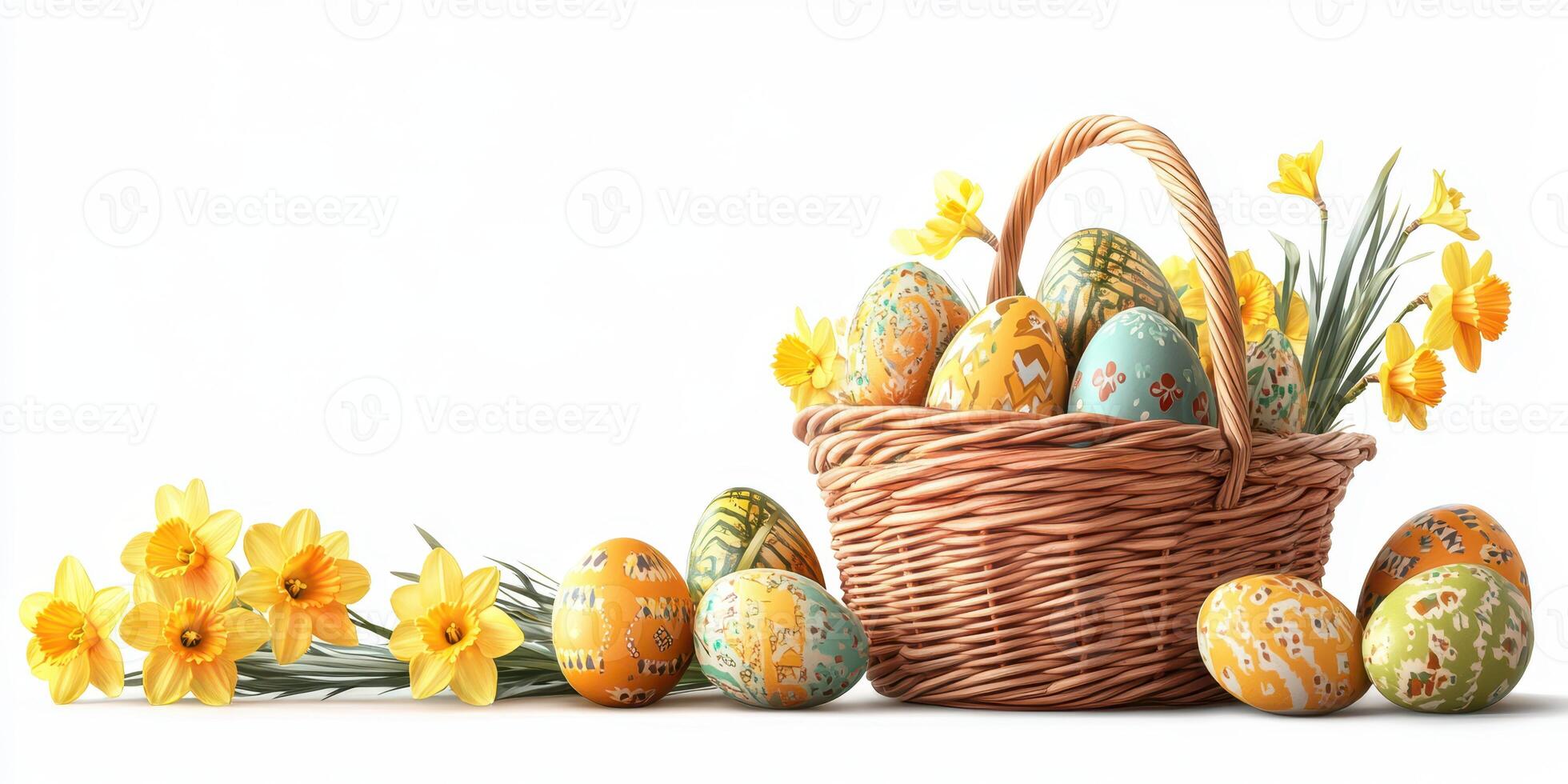 Colorful Easter eggs in a basket with daffodils on a bright background celebrating springtime festivities photo