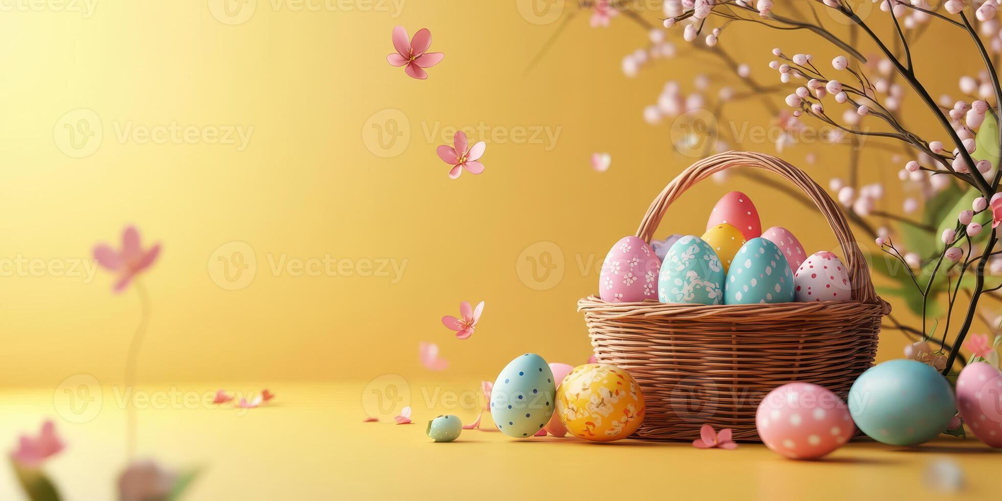 Colorful Easter eggs arranged beautifully in a wicker basket on a bright yellow background with delicate flowers photo