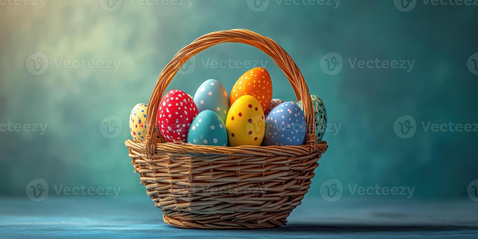 Colorful decorated eggs in a woven basket placed on a blue surface with a soft gradient background creating a festive atmosphere photo