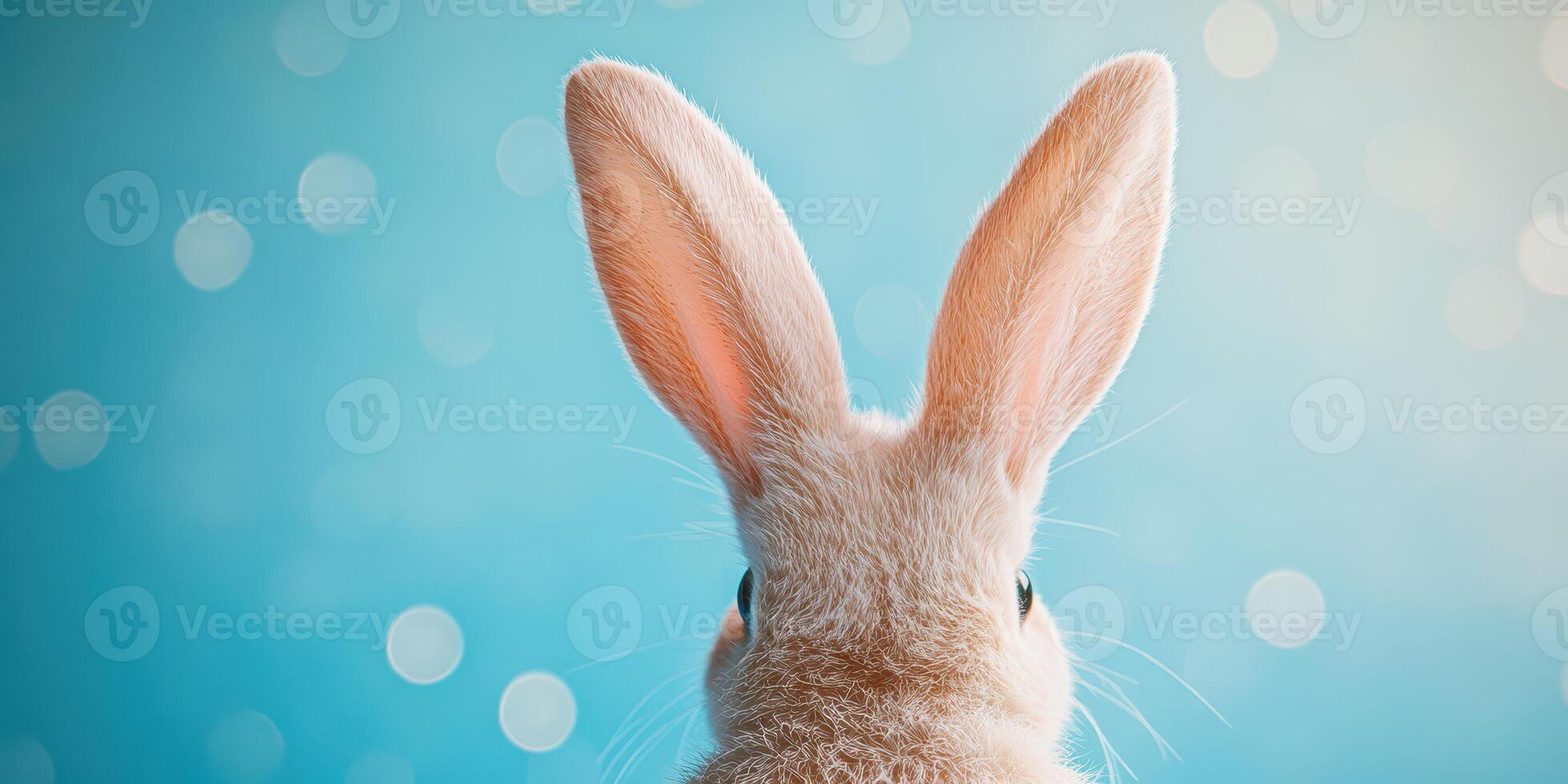 Cute white rabbit looking back against a soft blue background with bokeh effects during daytime photo