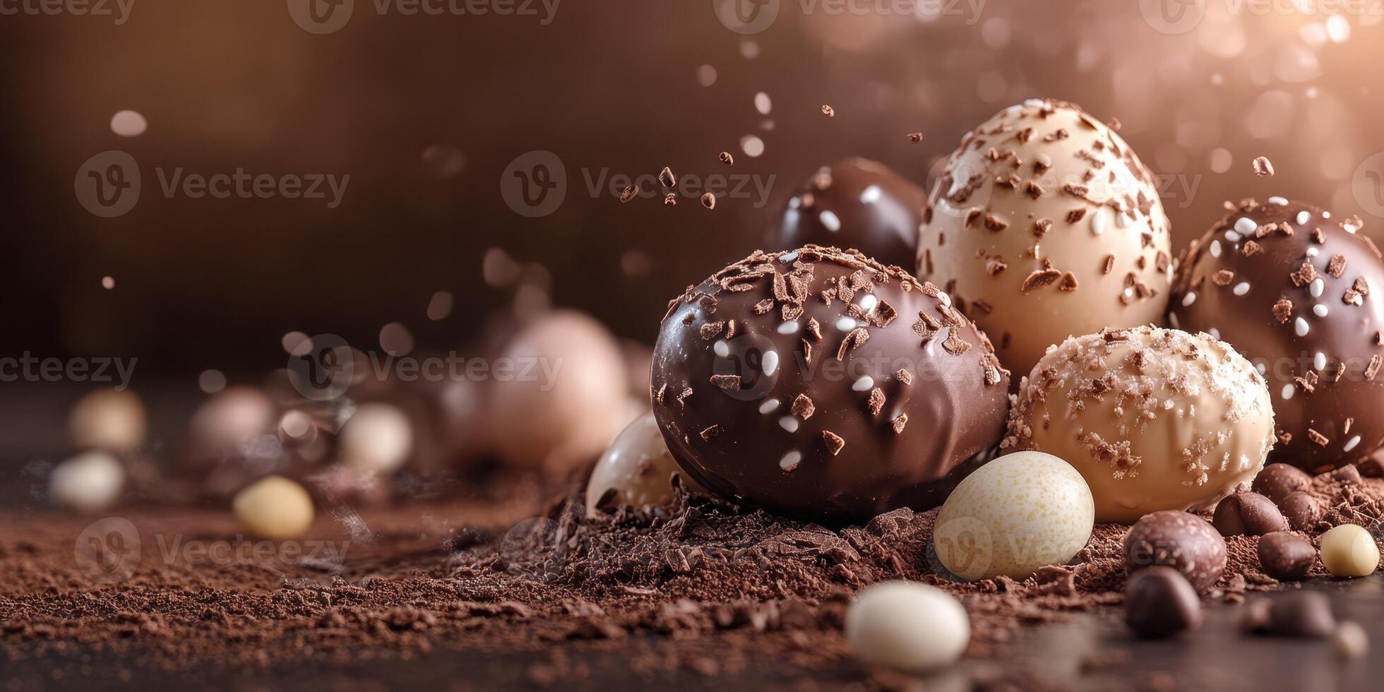 Chocolate eggs arranged attractively with decorative toppings on a wooden surface during a festive celebration photo