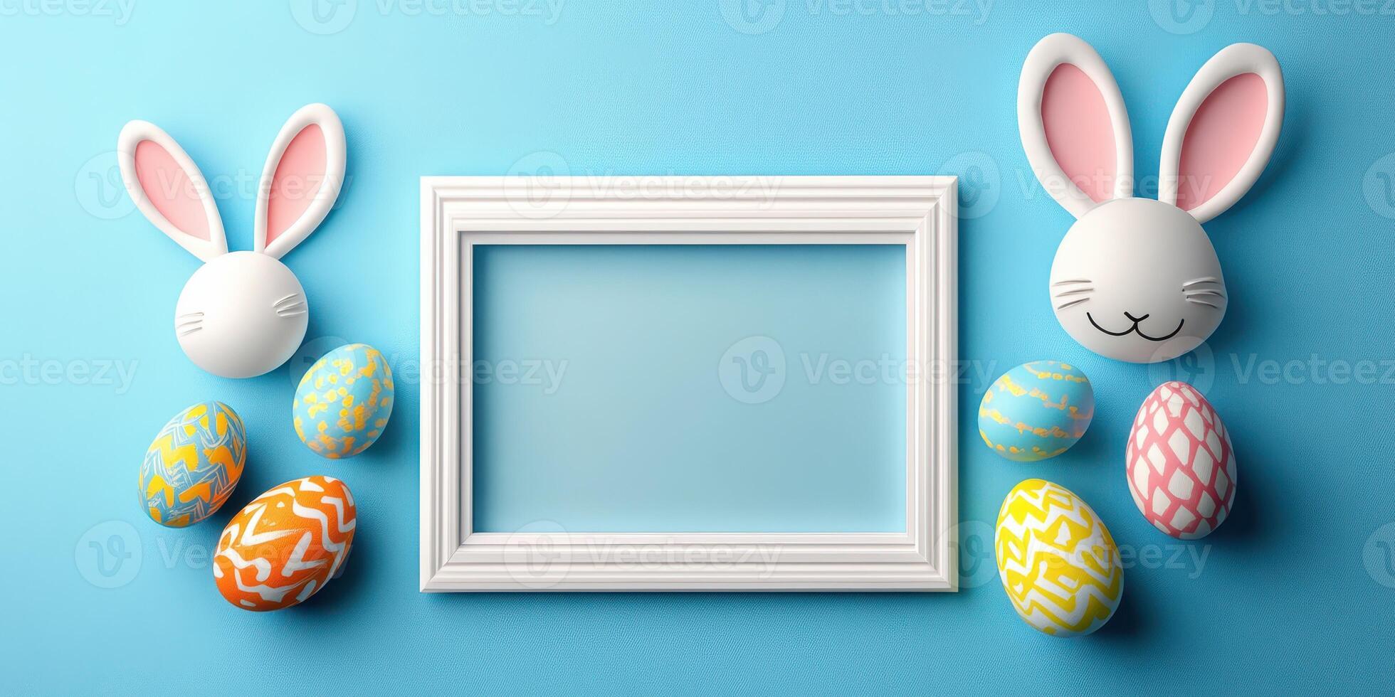 Decorative Easter setup with colorful eggs and bunny accents on a blue background photo