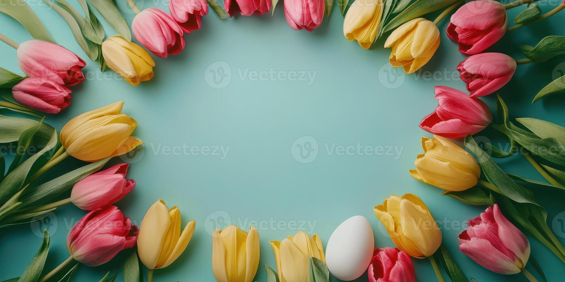 Colorful tulips arranged in a circular pattern with a white egg on a light blue background during spring season photo