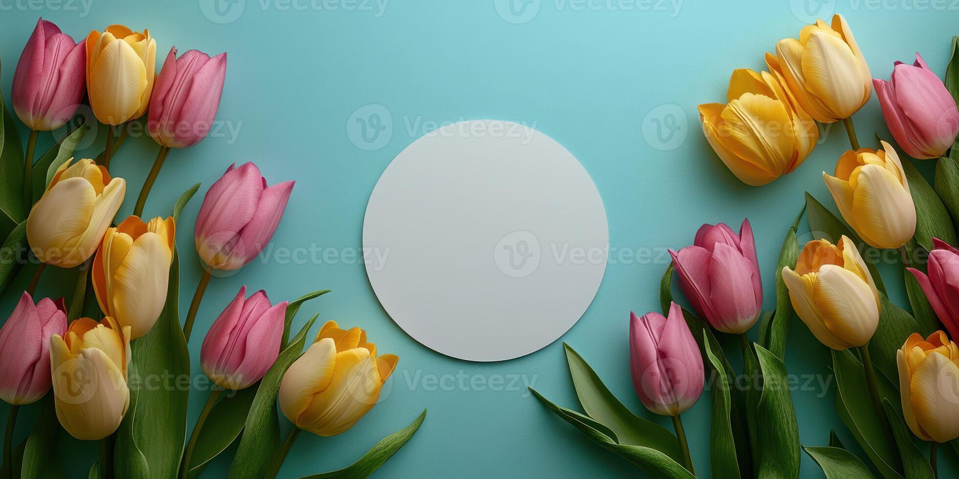 Colorful tulips surround a blank circular card on a vibrant background in a spring-inspired setting photo