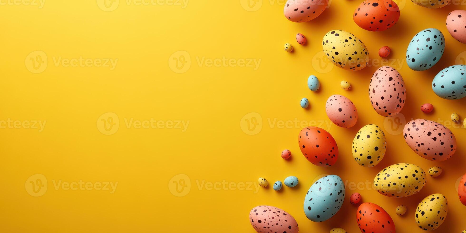 Colorful Easter eggs arranged on a bright yellow surface in festive celebration of spring traditions photo