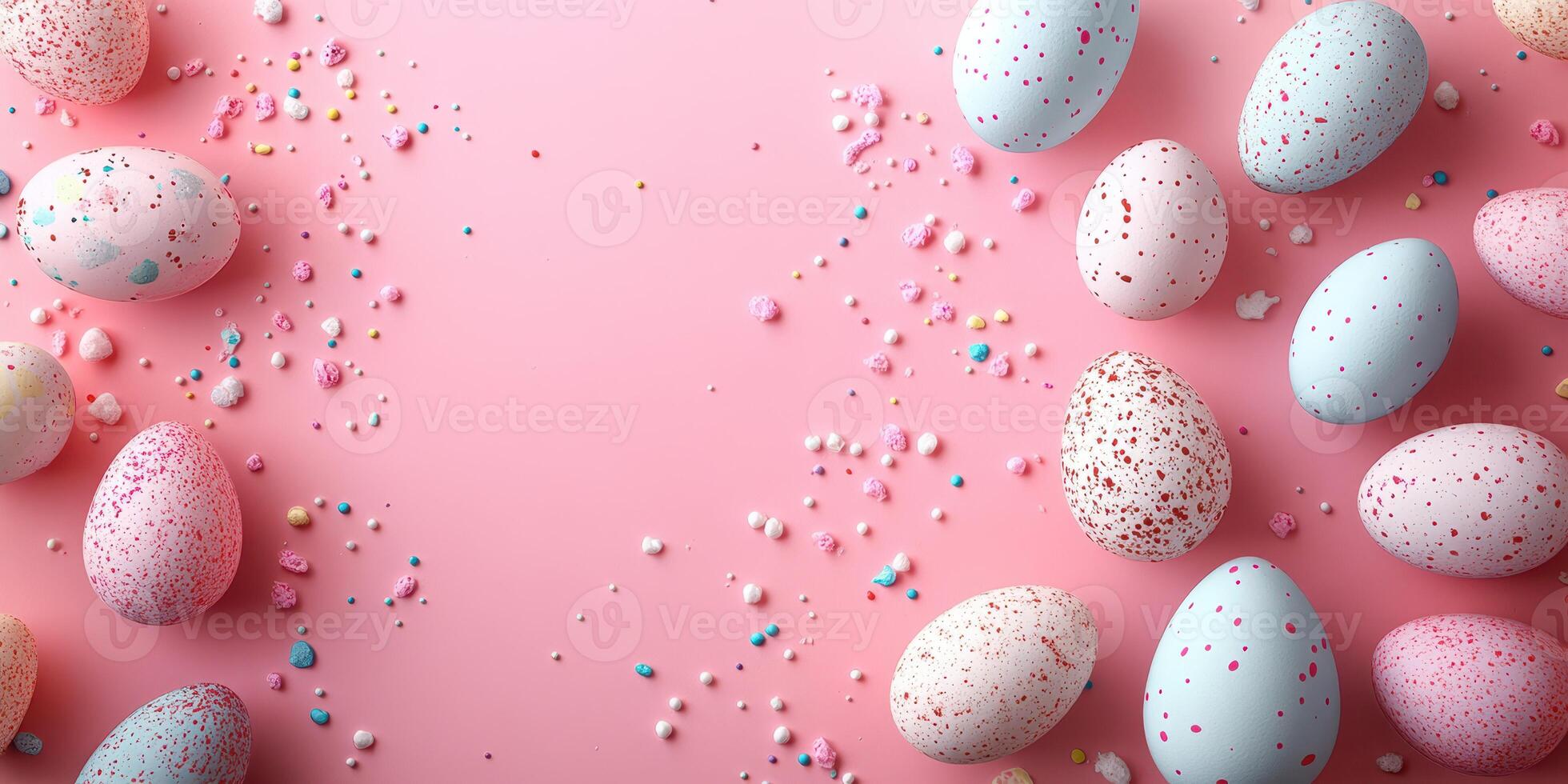 Colorful decorated eggs arranged on pink background for festive celebration during springtime event photo