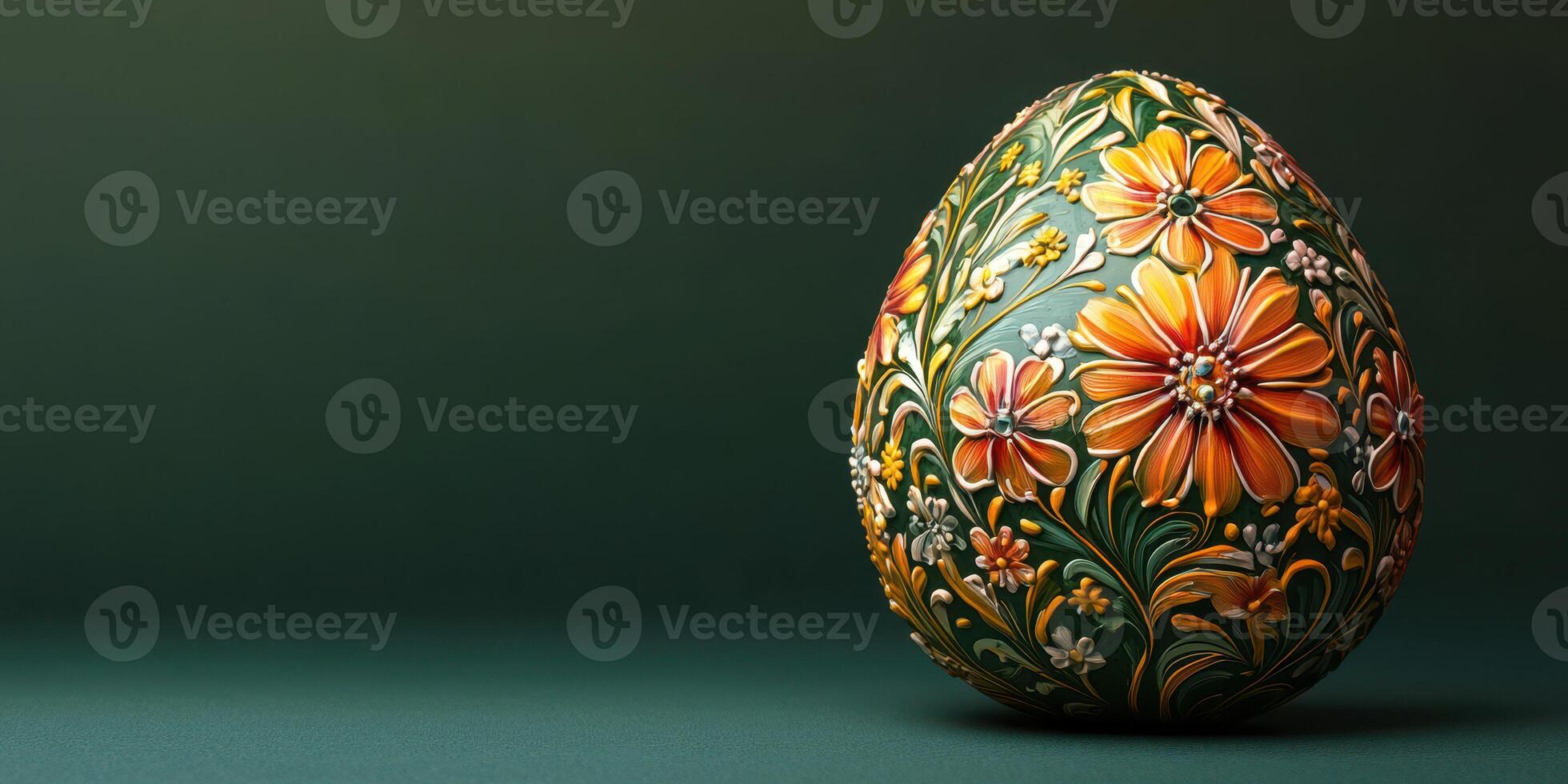 Beautifully detailed decorative egg crafted with vibrant flowers and intricate patterns displayed on a dark background photo