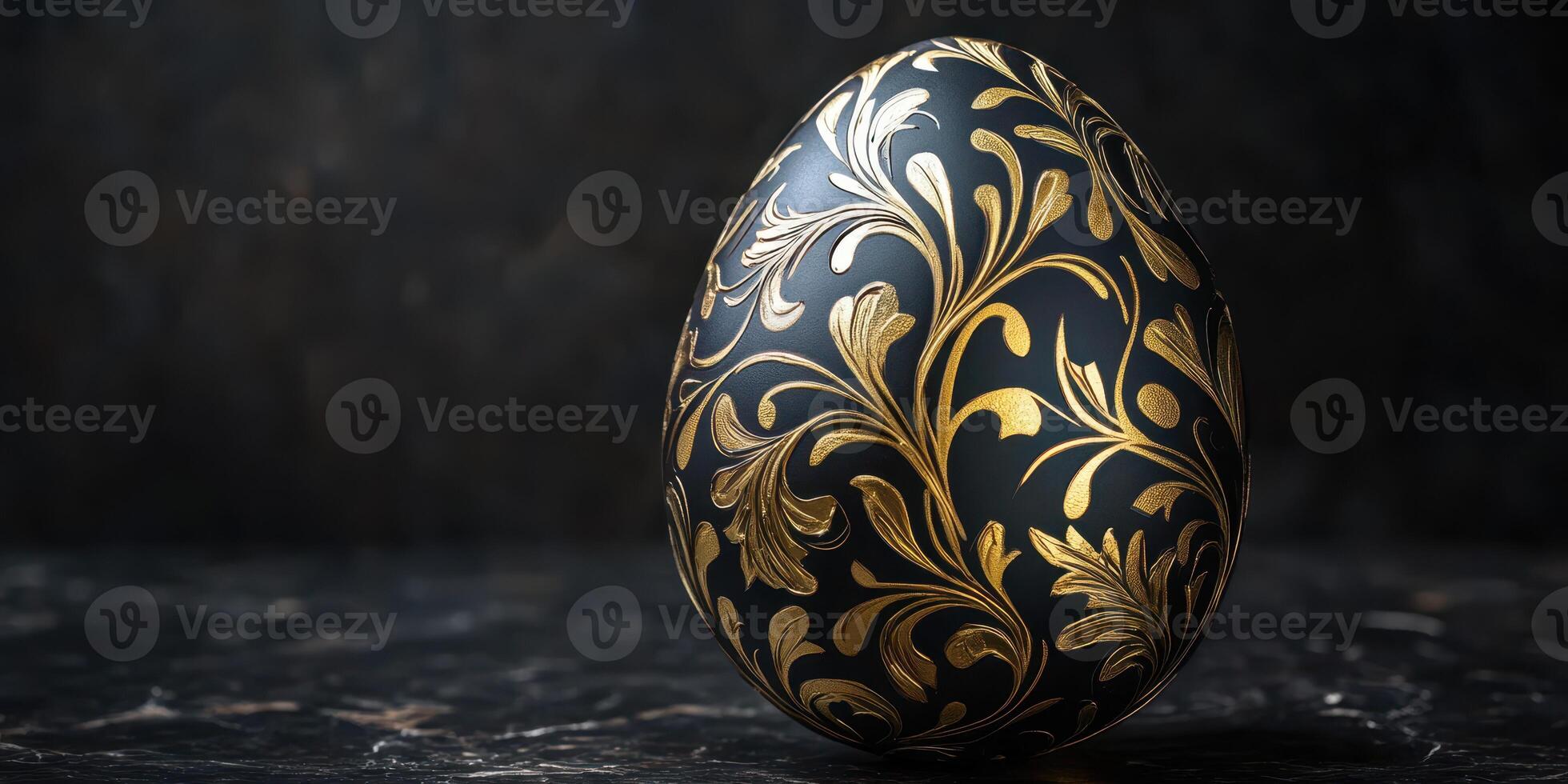 Ornately decorated egg with intricate gold floral patterns on a dark marble background photo
