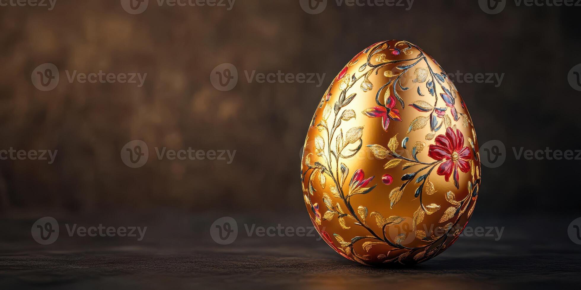 Intricate golden egg decorated with floral patterns displayed on a dark surface in soft lighting photo