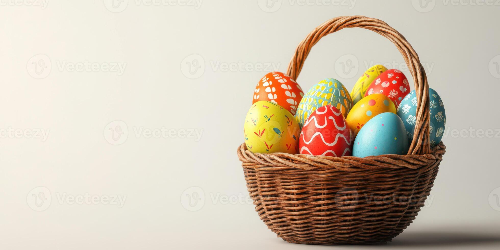 Colorful Easter eggs in a woven basket displayed on a neutral background during spring celebration photo