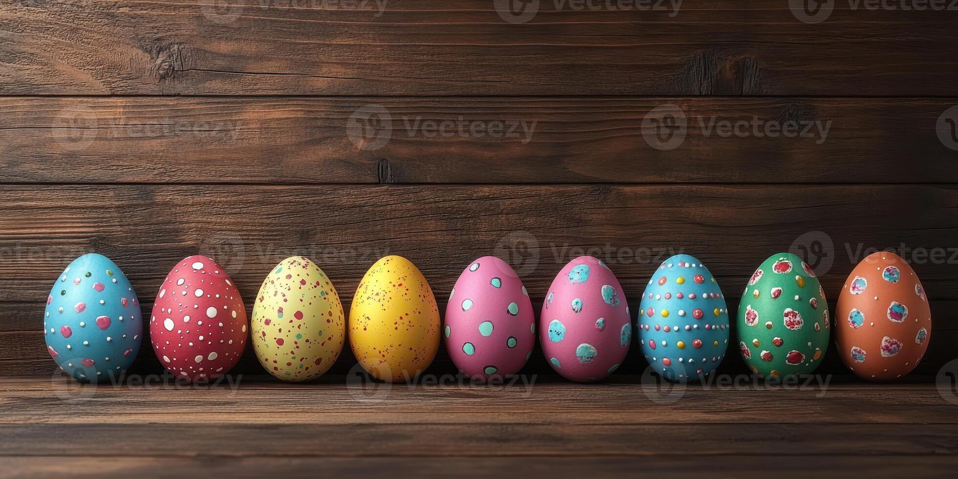 Colorful decorated eggs displayed on a rustic wooden surface for festive spring celebrations photo